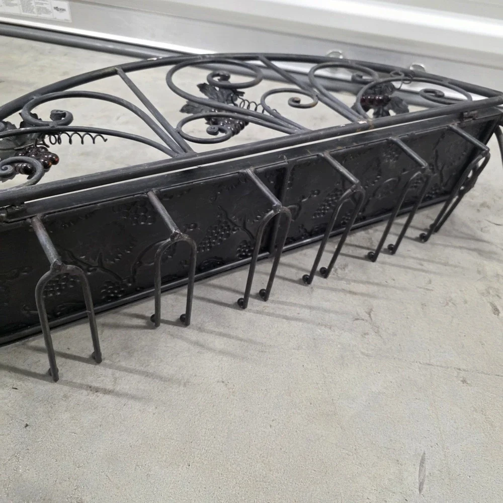 Wrought Iron Wall Mounted Wine Rack Stemware Glass Holder Grape Leaf Rustic Deco